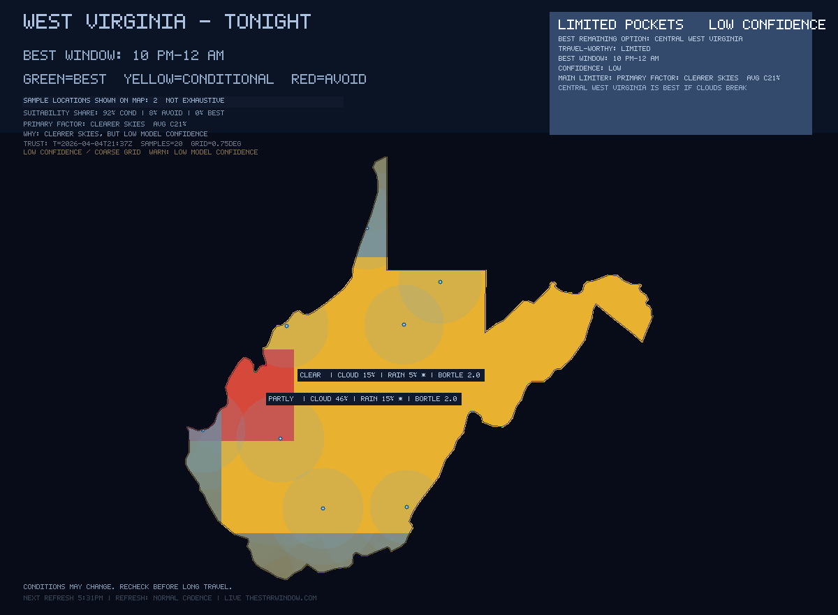 West Virginia stargazing map